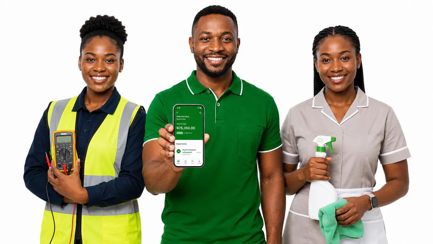 Three Huduma pros - electrical, general repair, and cleaning - ready for the job